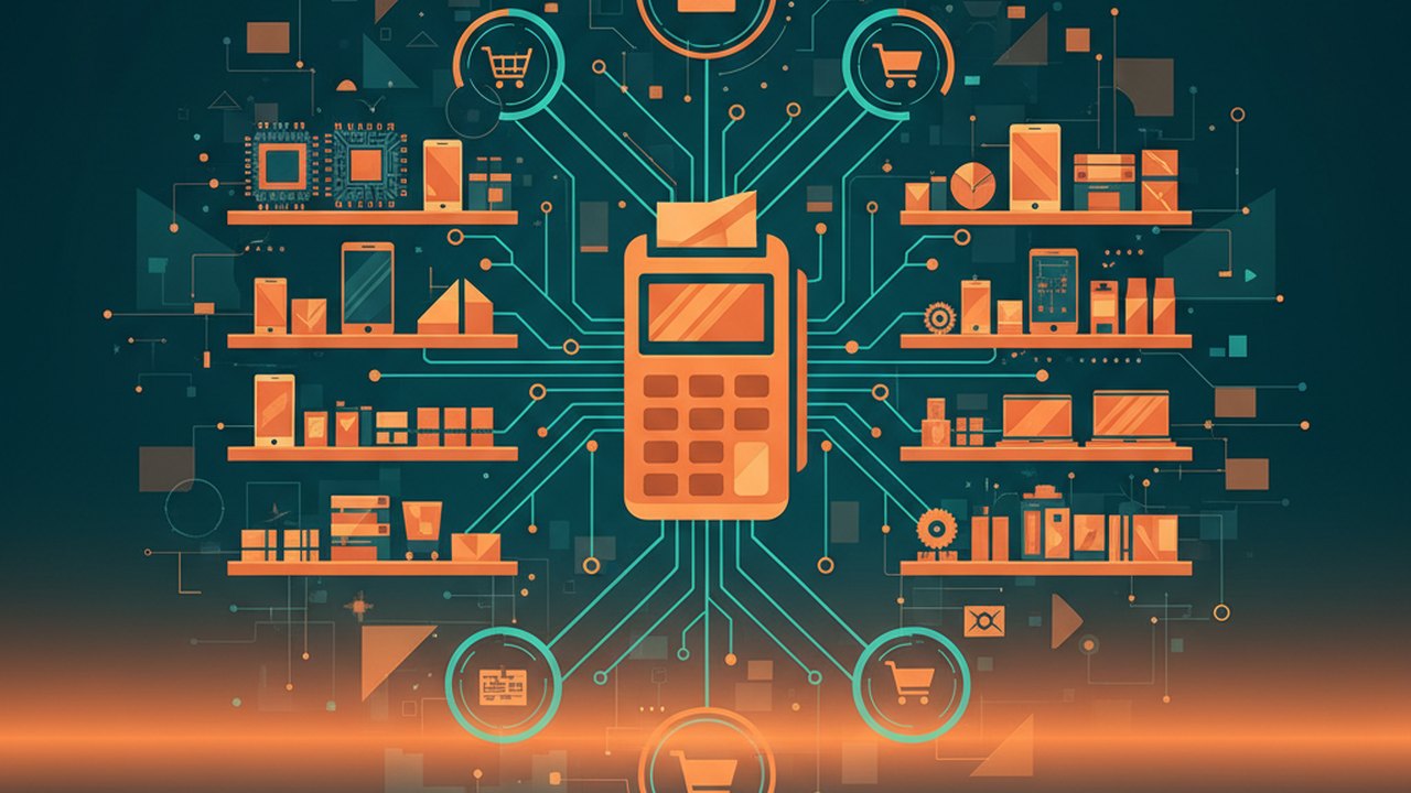 Abstract midnight teal and sunset orange cover illustration for the Refurbished Electronics Store project (2020), showing product shelves and shopping-cart nodes wired to a payment terminal.
