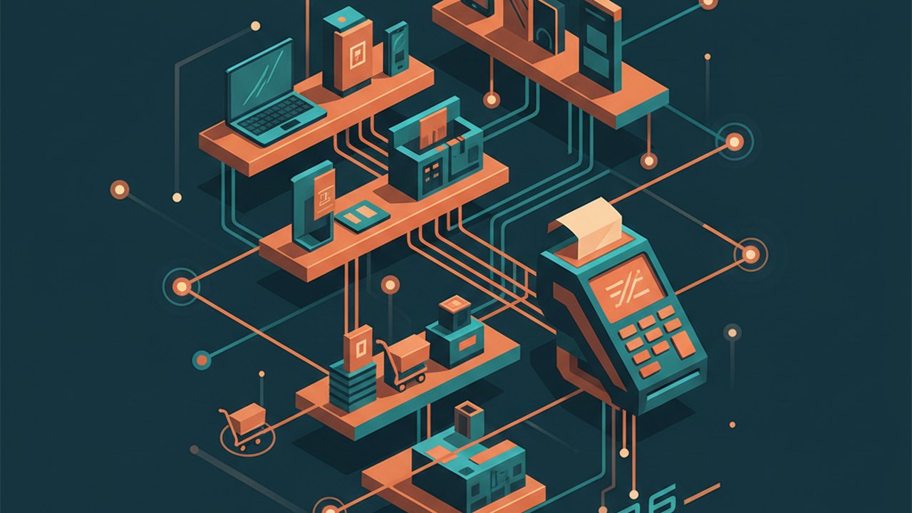 Abstract midnight teal and sunset orange cover illustration for the Refurbished Electronics Store project (2024), showing product shelves and shopping-cart nodes wired to a payment terminal.