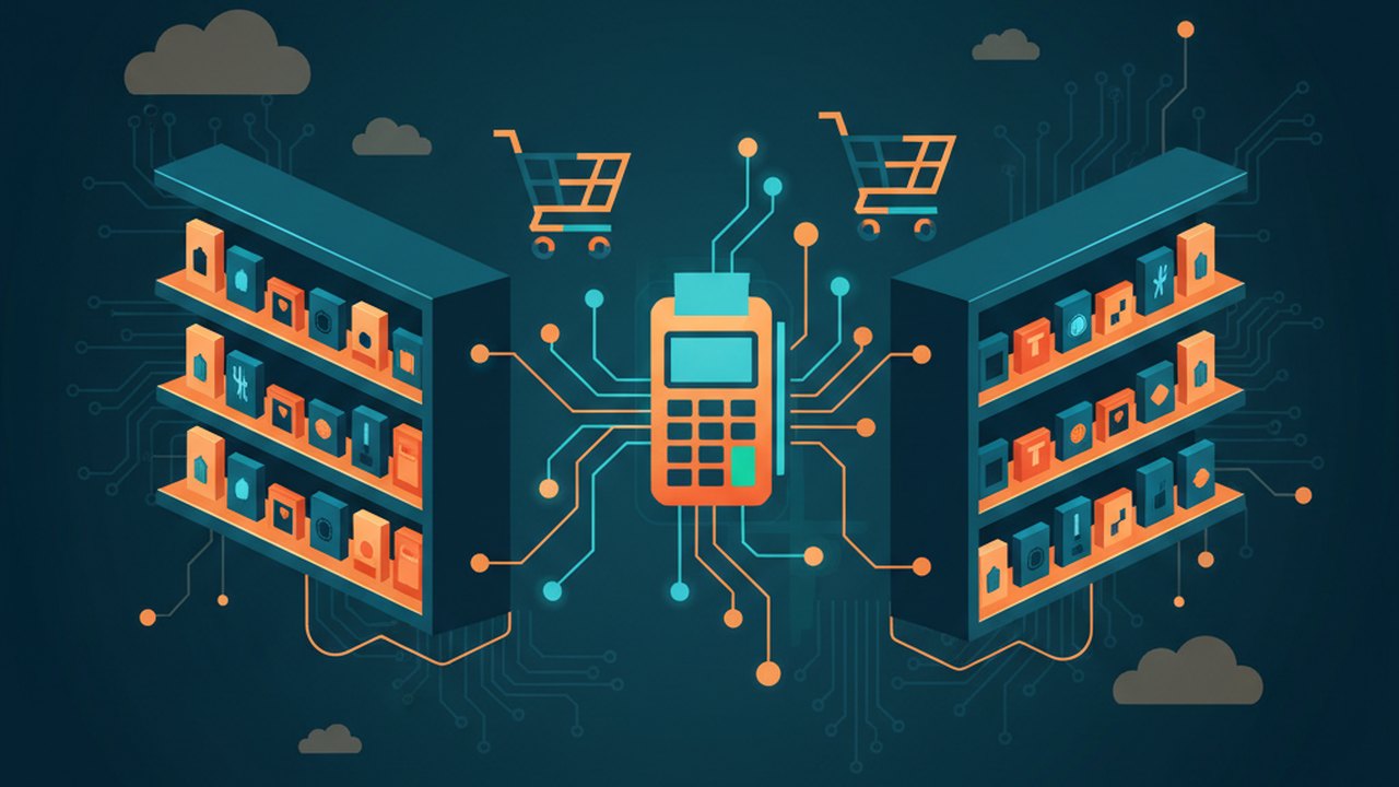 Abstract midnight teal and sunset orange cover illustration for the Rental Ecommerce Platform project (2024), showing product shelves and shopping-cart nodes wired to a payment terminal.