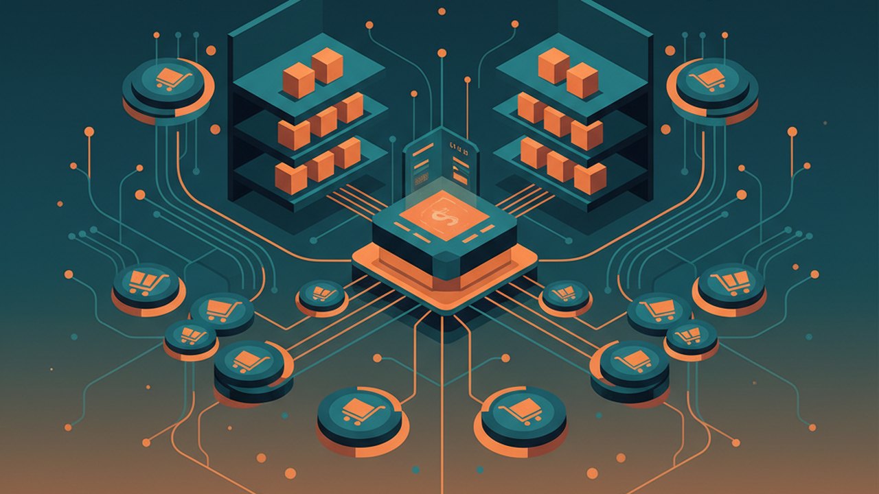 Abstract midnight teal and sunset orange cover illustration for the Rental Ecommerce Platform project (2024), showing product shelves and shopping-cart nodes wired to a payment terminal.