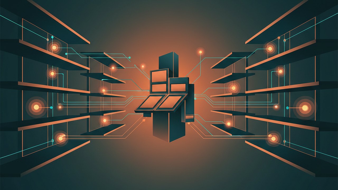 Abstract midnight teal and sunset orange cover illustration for the Sneaker Drop Store project (2024), showing product shelves and shopping-cart nodes wired to a payment terminal.
