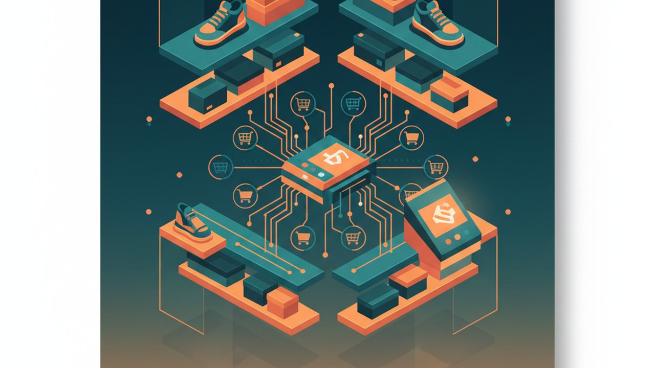 Abstract midnight teal and sunset orange cover illustration for the Sneaker Drop Store project (2024), showing product shelves and shopping-cart nodes wired to a payment terminal.