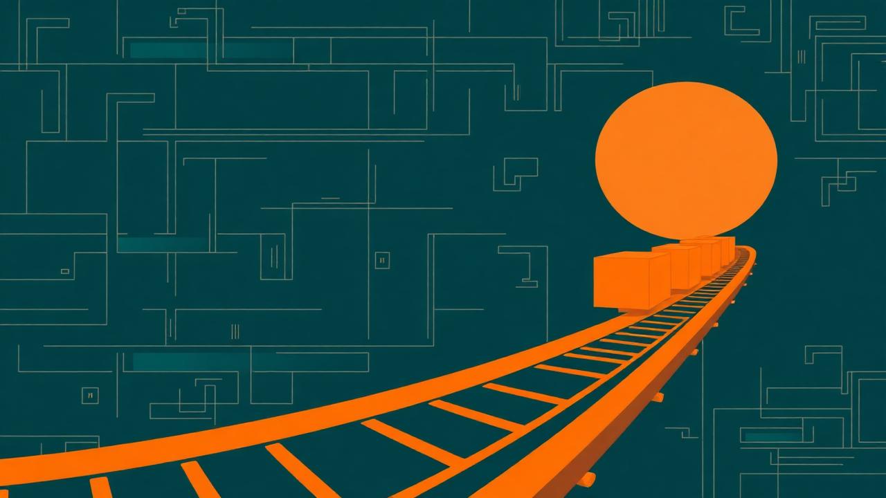 Abstract midnight teal and sunset orange cover illustration for the Subscription Box Platform project (2020), showing product shelves and shopping-cart nodes wired to a payment terminal.