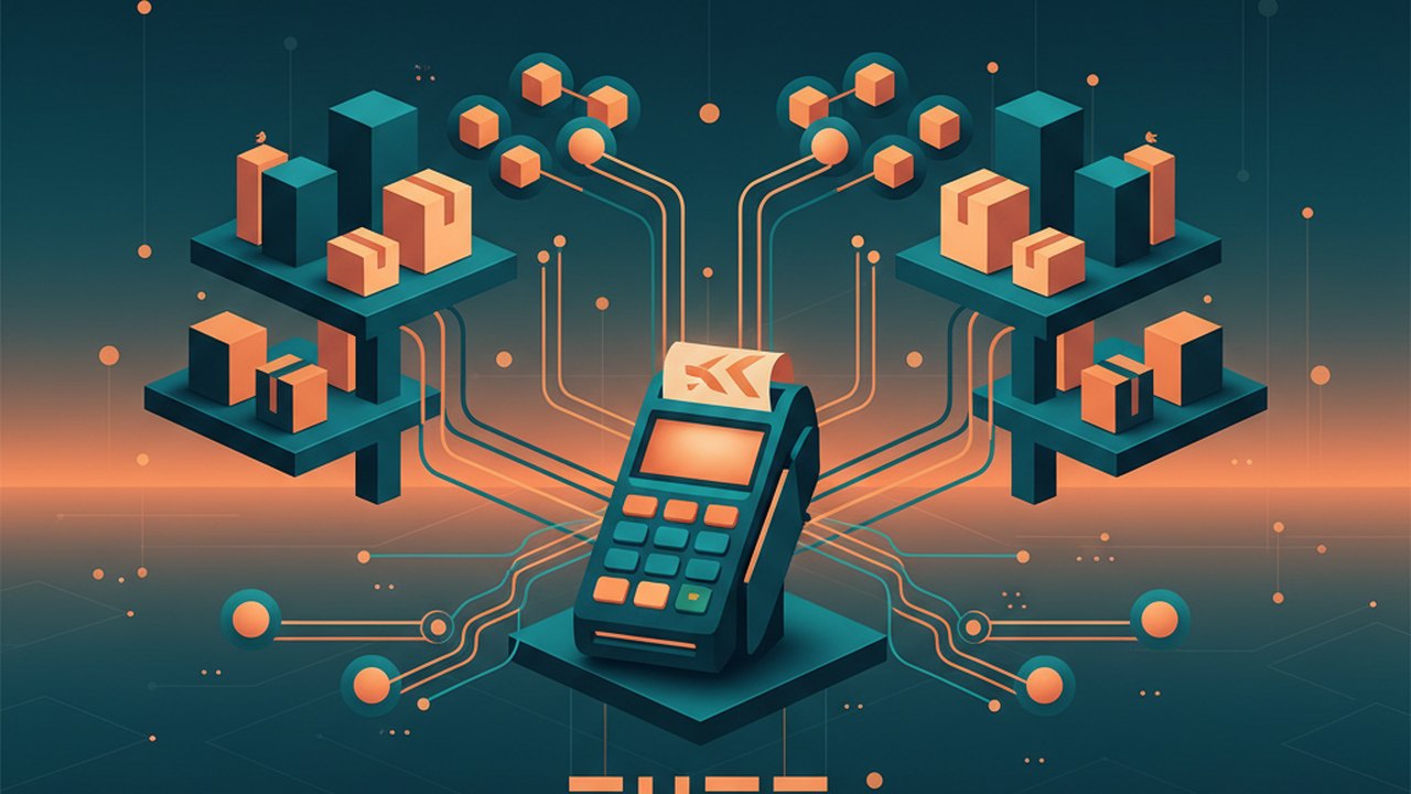 Abstract midnight teal and sunset orange cover illustration for the Subscription Box Platform project (2022), showing product shelves and shopping-cart nodes wired to a payment terminal.