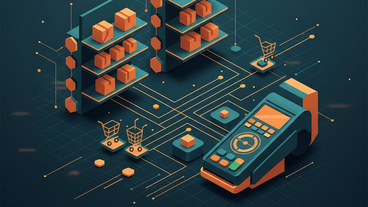 Abstract midnight teal and sunset orange cover illustration for the Subscription Box Platform project (2024), showing product shelves and shopping-cart nodes wired to a payment terminal.