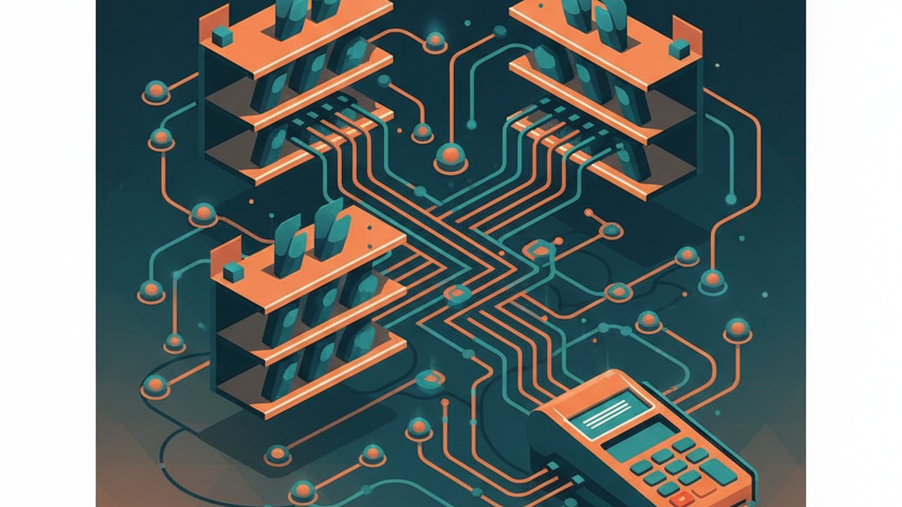Abstract midnight teal and sunset orange cover illustration for the Ticket Resale Marketplace project (2024), showing product shelves and shopping-cart nodes wired to a payment terminal.