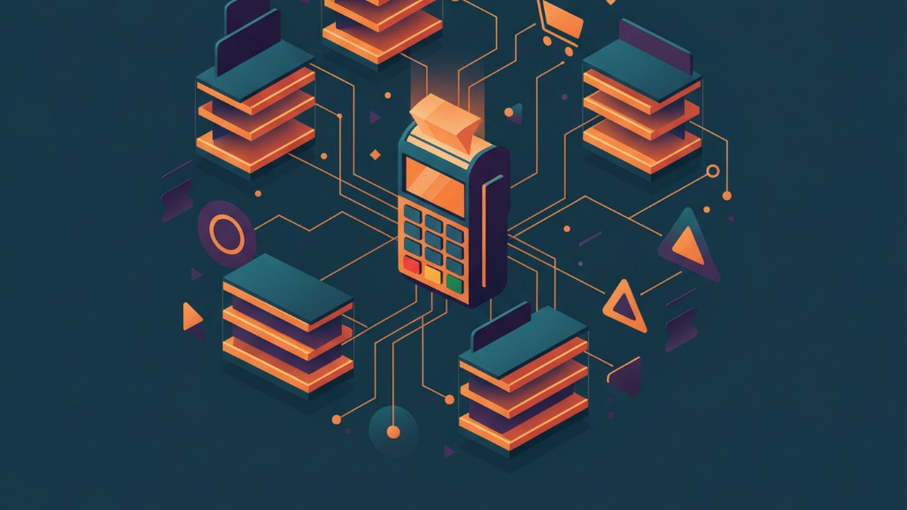 Abstract midnight teal and sunset orange cover illustration for the Ticket Resale Marketplace project (2024), showing product shelves and shopping-cart nodes wired to a payment terminal.