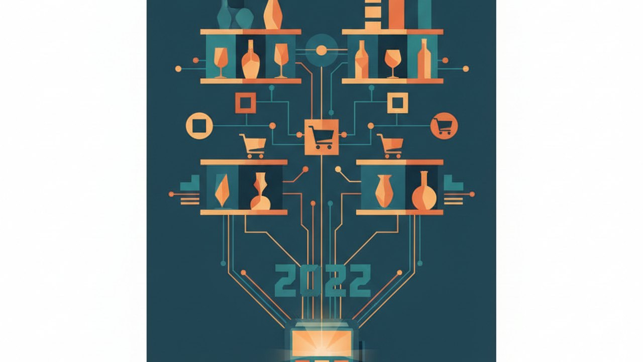 Abstract midnight teal and sunset orange cover illustration for the Wine & Spirits Store project (2022), showing product shelves and shopping-cart nodes wired to a payment terminal.