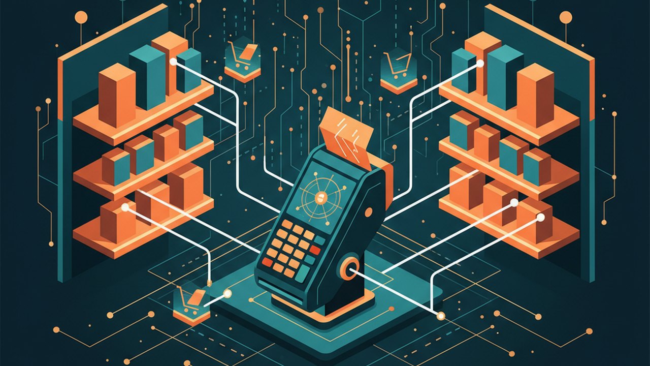 Abstract midnight teal and sunset orange cover illustration for the Wine & Spirits Store project (2024), showing product shelves and shopping-cart nodes wired to a payment terminal.
