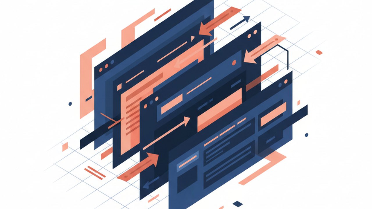 Abstract deep navy and coral cover illustration for the Bookmark Manager with Tags project (2023), showing layered UI panels connected by data-flow arrows.