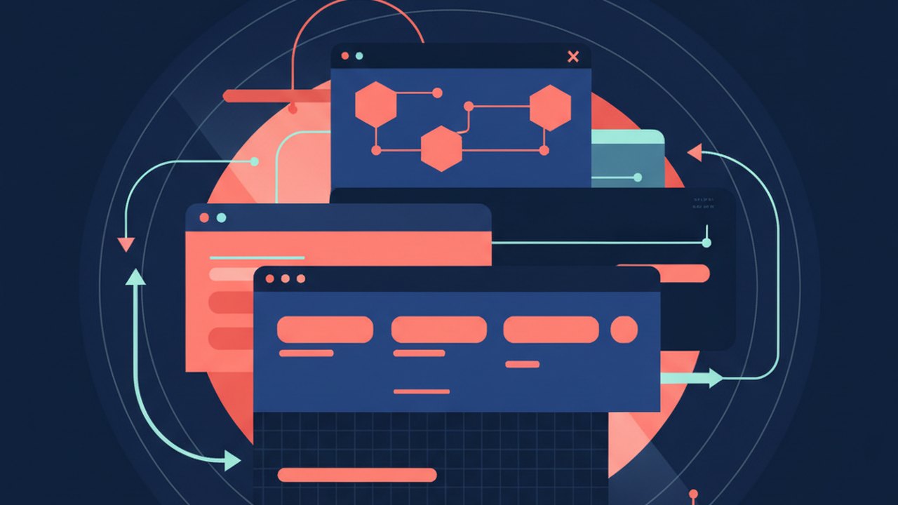 Abstract deep navy and coral cover illustration for the Bookmark Manager with Tags project (2023), showing layered UI panels connected by data-flow arrows.
