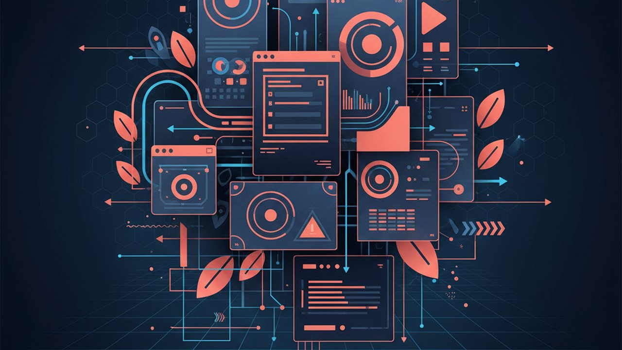 Abstract deep navy and coral cover illustration for the Digital Garden Publisher project (2023), showing layered UI panels connected by data-flow arrows.