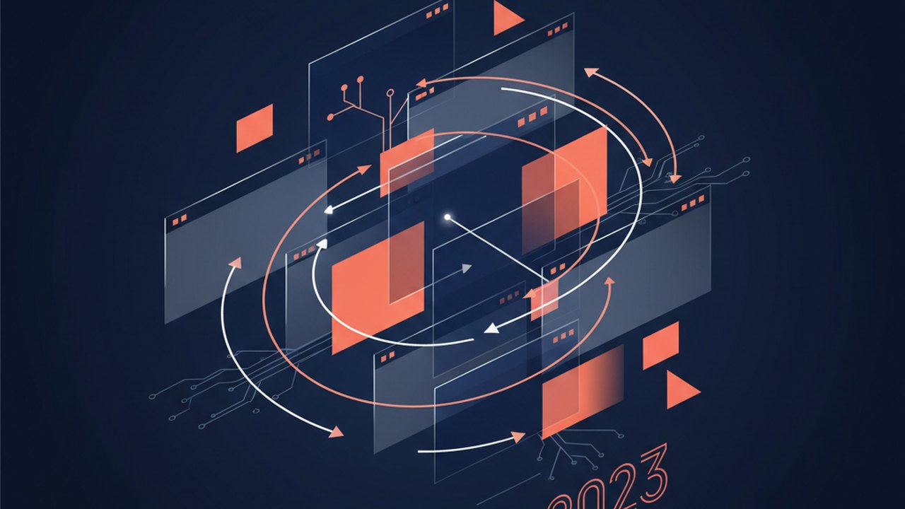 Abstract deep navy and coral cover illustration for the Digital Garden Publisher project (2023), showing layered UI panels connected by data-flow arrows.