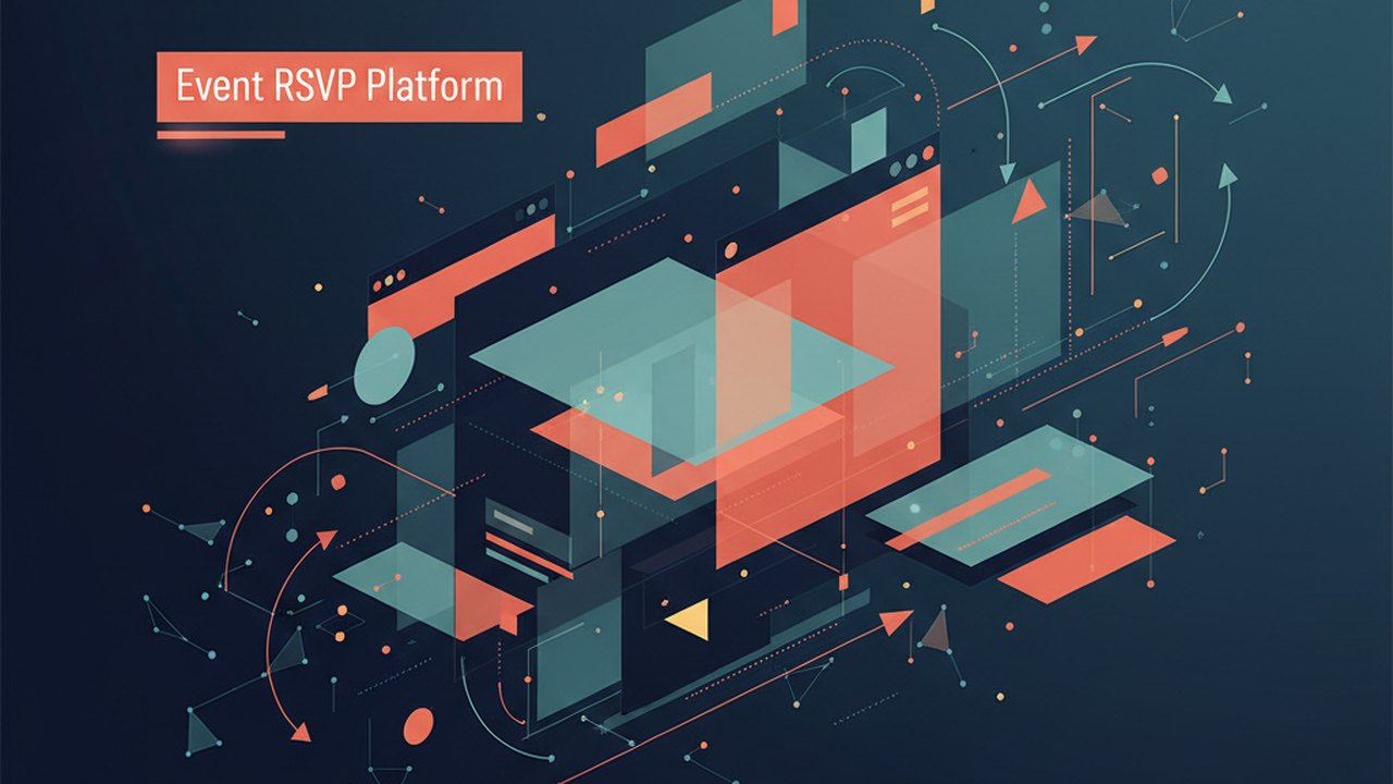 Abstract deep navy and coral cover illustration for the Event RSVP Platform project (2019), showing layered UI panels connected by data-flow arrows.