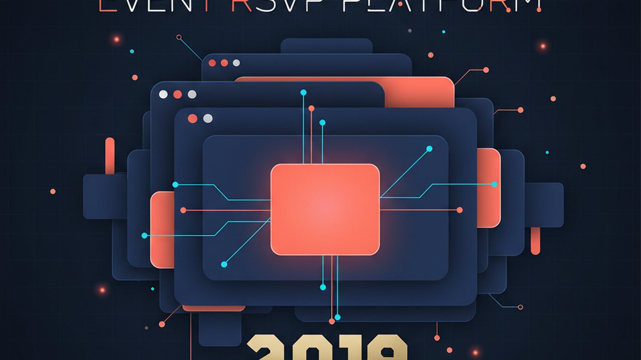 Abstract deep navy and coral cover illustration for the Event RSVP Platform project (2019), showing layered UI panels connected by data-flow arrows.