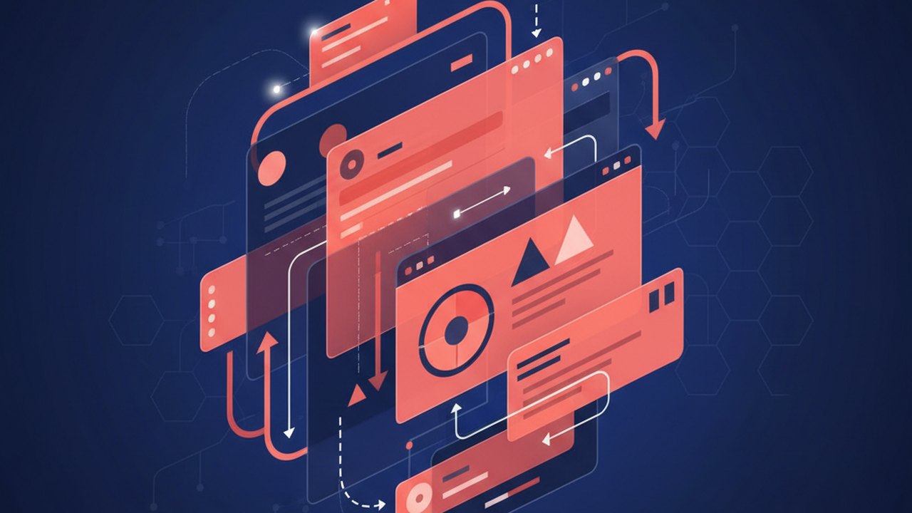 Abstract deep navy and coral cover illustration for the Fitness Workout Logger project (2019), showing layered UI panels connected by data-flow arrows.