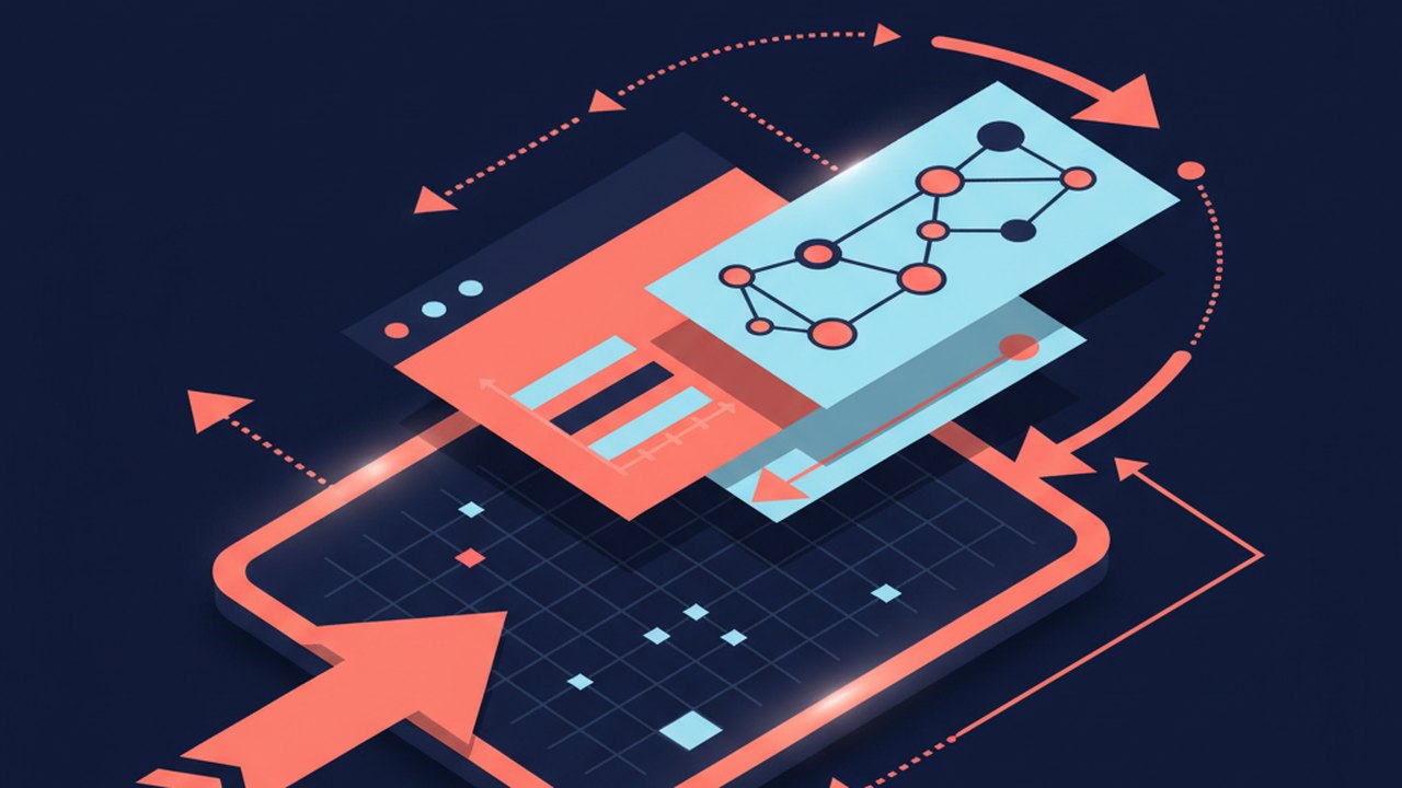 Abstract deep navy and coral cover illustration for the Fitness Workout Logger project (2019), showing layered UI panels connected by data-flow arrows.