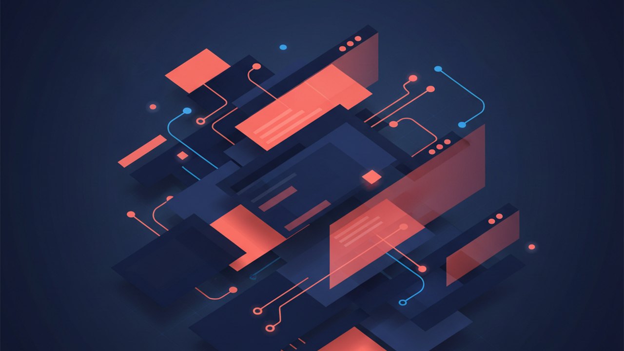 Abstract deep navy and coral cover illustration for the Freelance Invoice Portal project (2021), showing layered UI panels connected by data-flow arrows.
