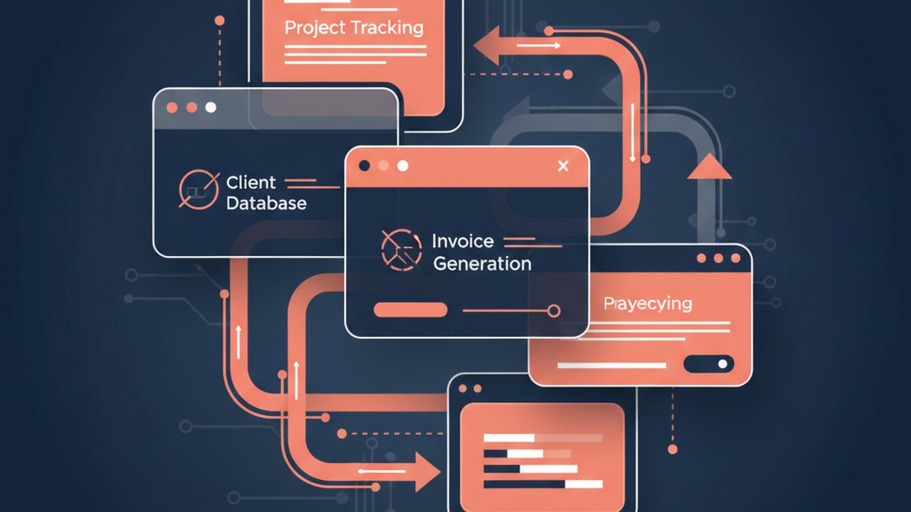 Abstract deep navy and coral cover illustration for the Freelance Invoice Portal project (2021), showing layered UI panels connected by data-flow arrows.