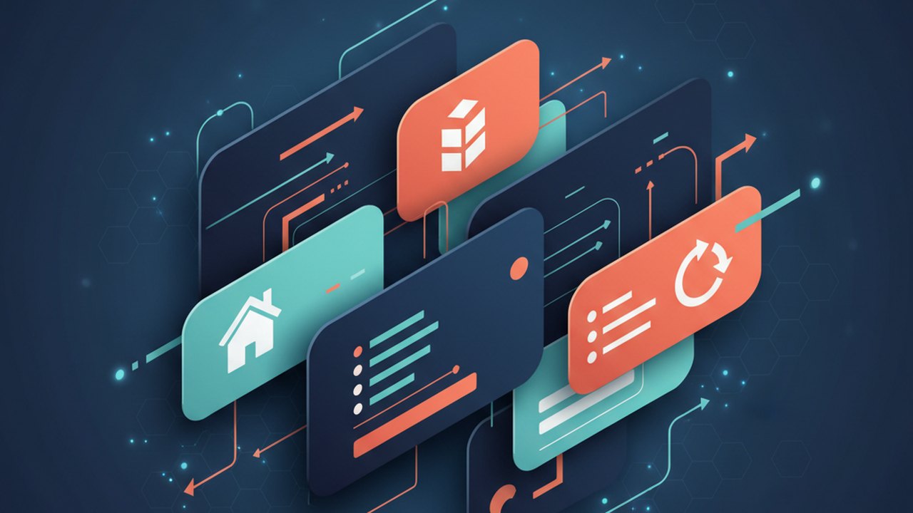 Abstract deep navy and coral cover illustration for the Home Inventory Manager project (2023), showing layered UI panels connected by data-flow arrows.