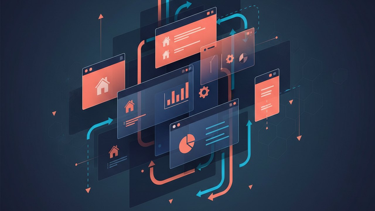 Abstract deep navy and coral cover illustration for the Home Inventory Manager project (2023), showing layered UI panels connected by data-flow arrows.