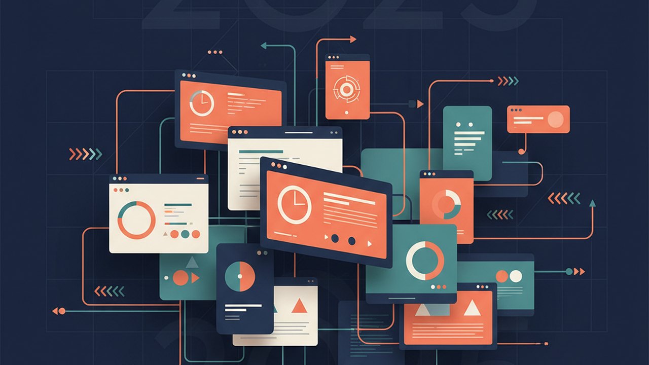 Abstract deep navy and coral cover illustration for the Home Server Dashboard project (2023), showing layered UI panels connected by data-flow arrows.