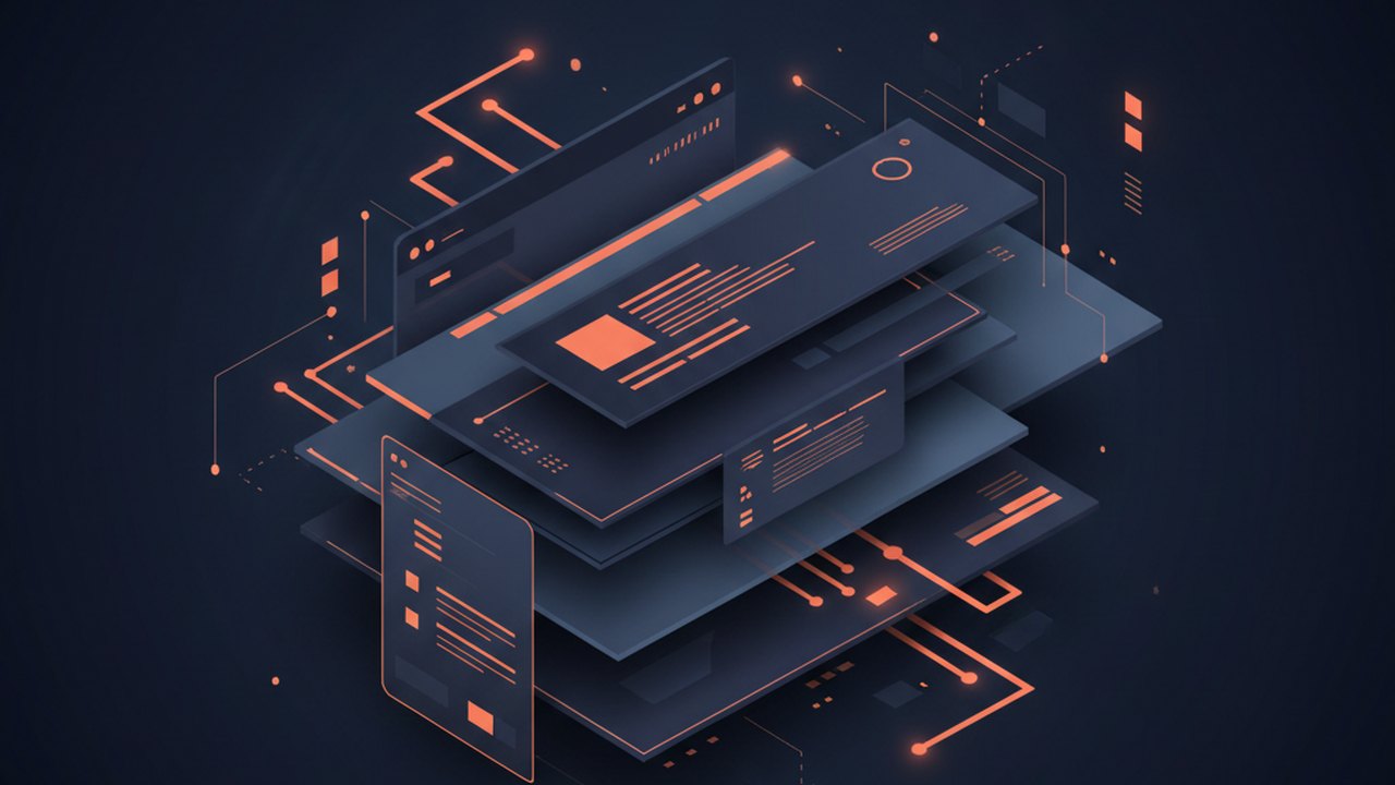 Abstract deep navy and coral cover illustration for the Home Server Dashboard project (2023), showing layered UI panels connected by data-flow arrows.