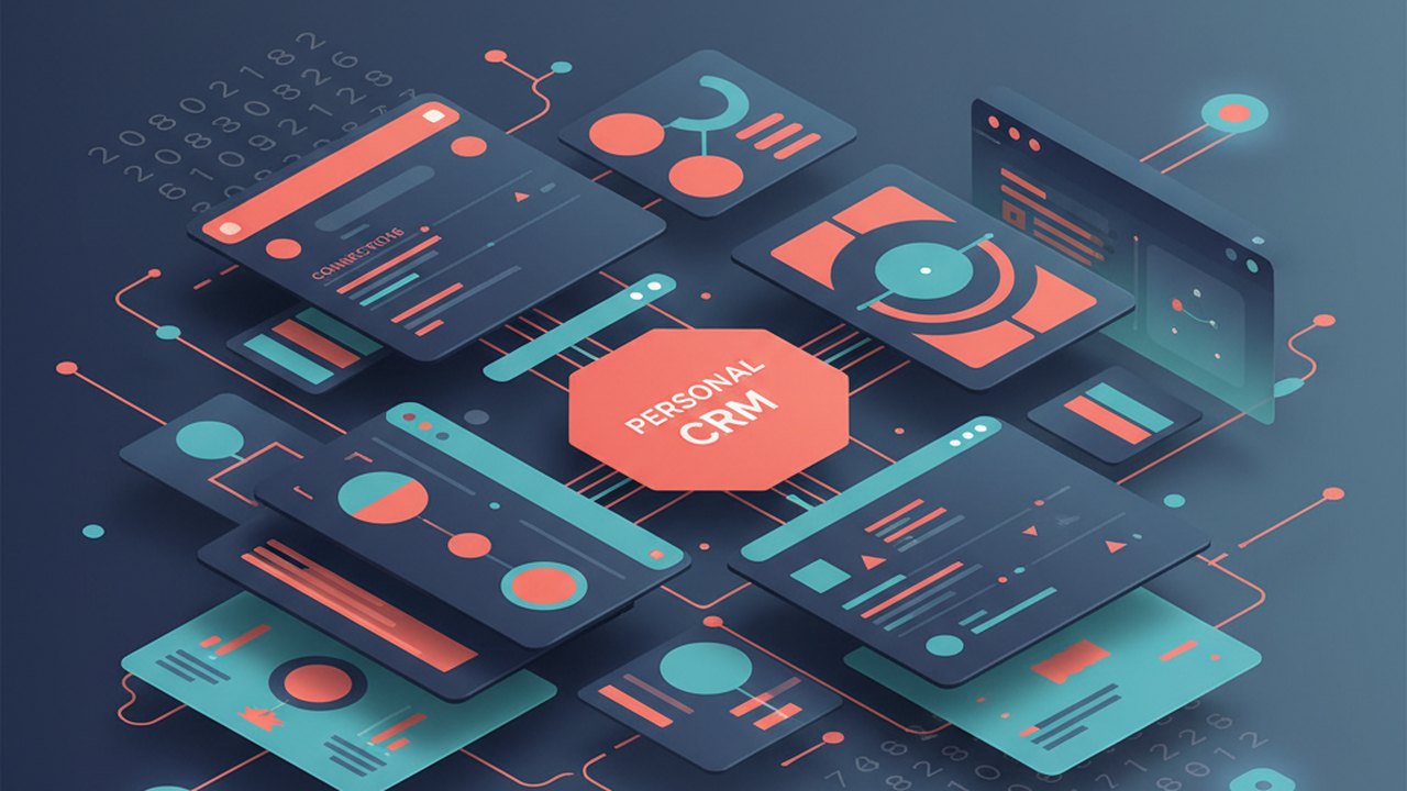 Abstract deep navy and coral cover illustration for the Personal CRM for Networking project (2021), showing layered UI panels connected by data-flow arrows.
