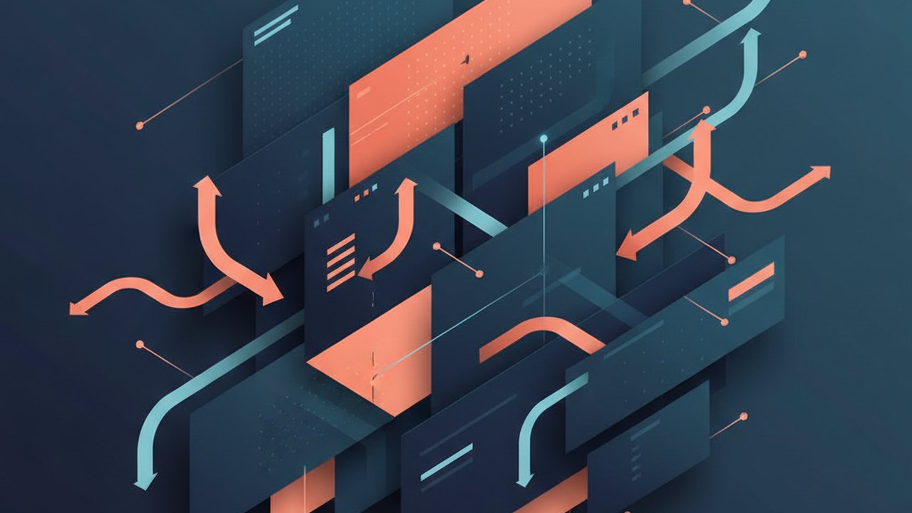 Abstract deep navy and coral cover illustration for the Personal CRM for Networking project (2021), showing layered UI panels connected by data-flow arrows.
