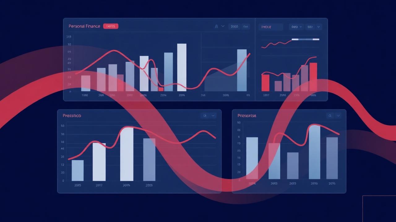 Abstract deep navy and coral cover illustration for the Personal Finance Dashboard project (2023), showing layered UI panels connected by data-flow arrows.