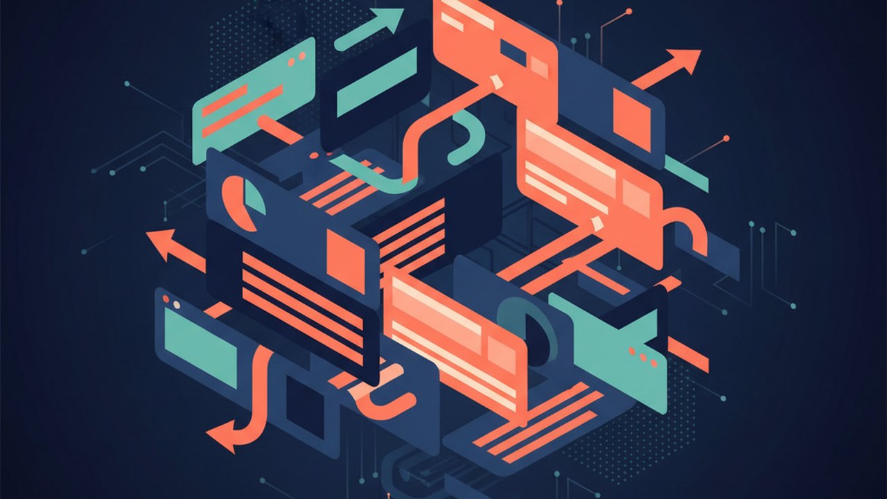 Abstract deep navy and coral cover illustration for the Personal Finance Dashboard project (2023), showing layered UI panels connected by data-flow arrows.