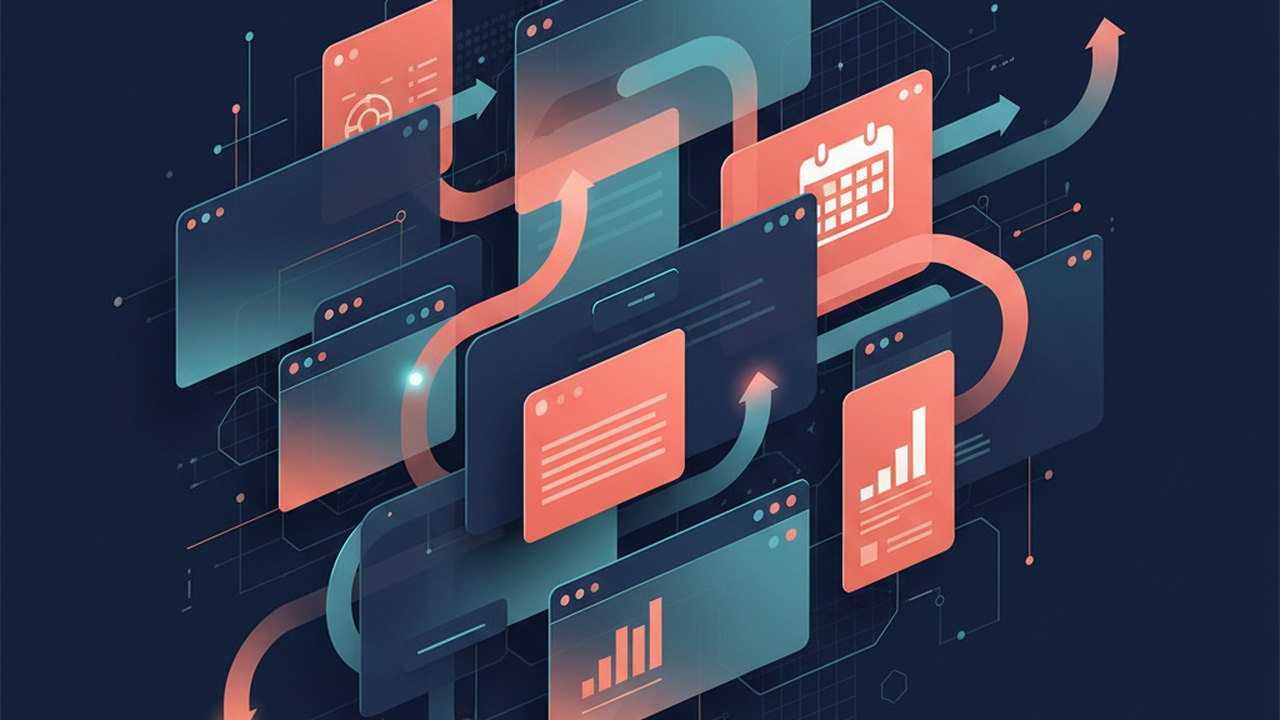 Abstract deep navy and coral cover illustration for the Personal Finance Dashboard project (2023), showing layered UI panels connected by data-flow arrows.