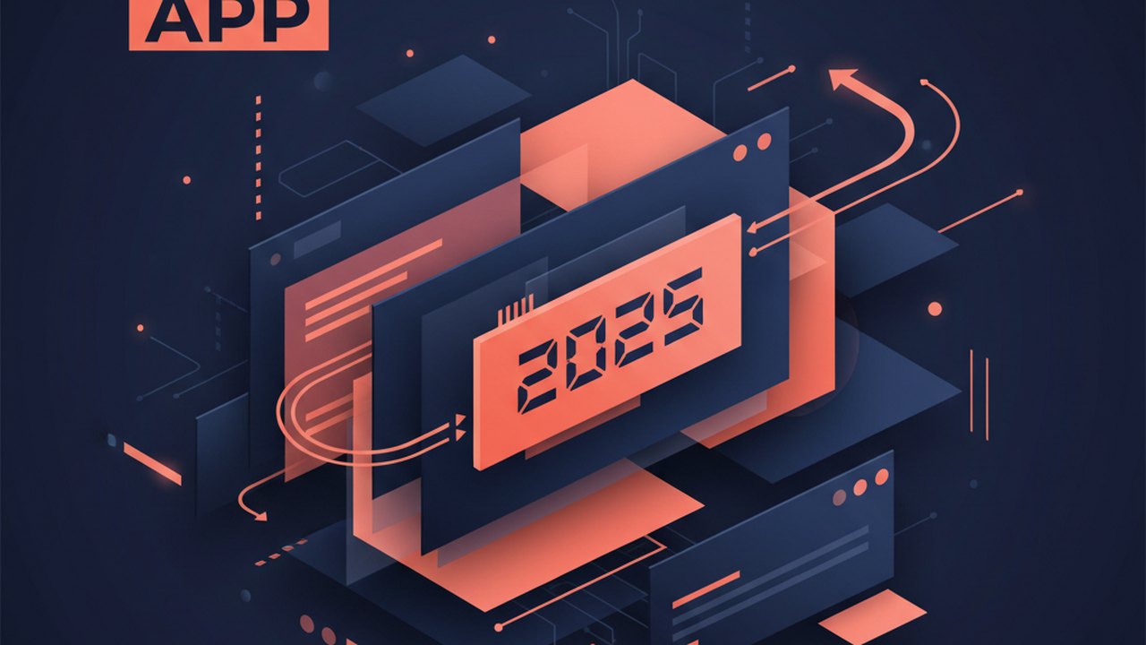 Abstract deep navy and coral cover illustration for the Podcast Notes App project (2023), showing layered UI panels connected by data-flow arrows.