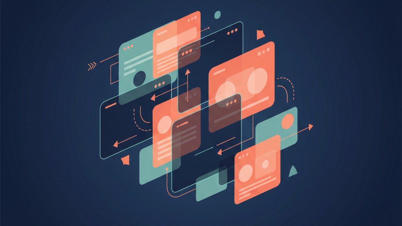 Abstract deep navy and coral cover illustration for the Podcast Notes App project (2023), showing layered UI panels connected by data-flow arrows.