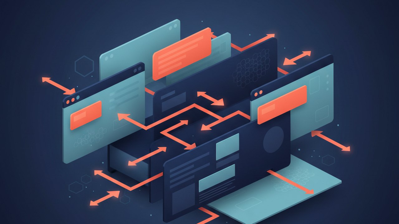 Abstract deep navy and coral cover illustration for the Product Feedback Portal project (2019), showing layered UI panels connected by data-flow arrows.