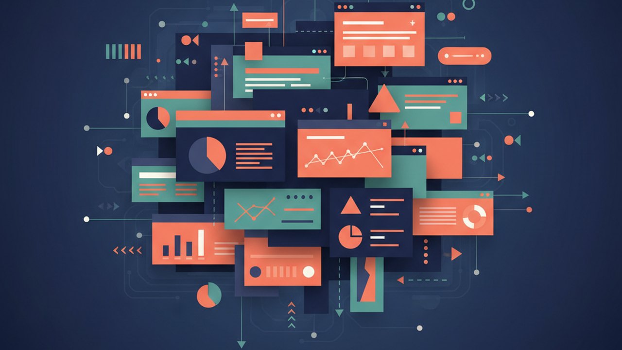 Abstract deep navy and coral cover illustration for the Product Feedback Portal project (2019), showing layered UI panels connected by data-flow arrows.