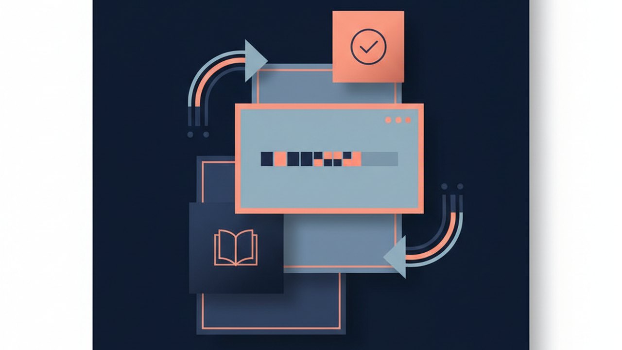 Abstract deep navy and coral cover illustration for the Reading List with Progress project (2023), showing layered UI panels connected by data-flow arrows.