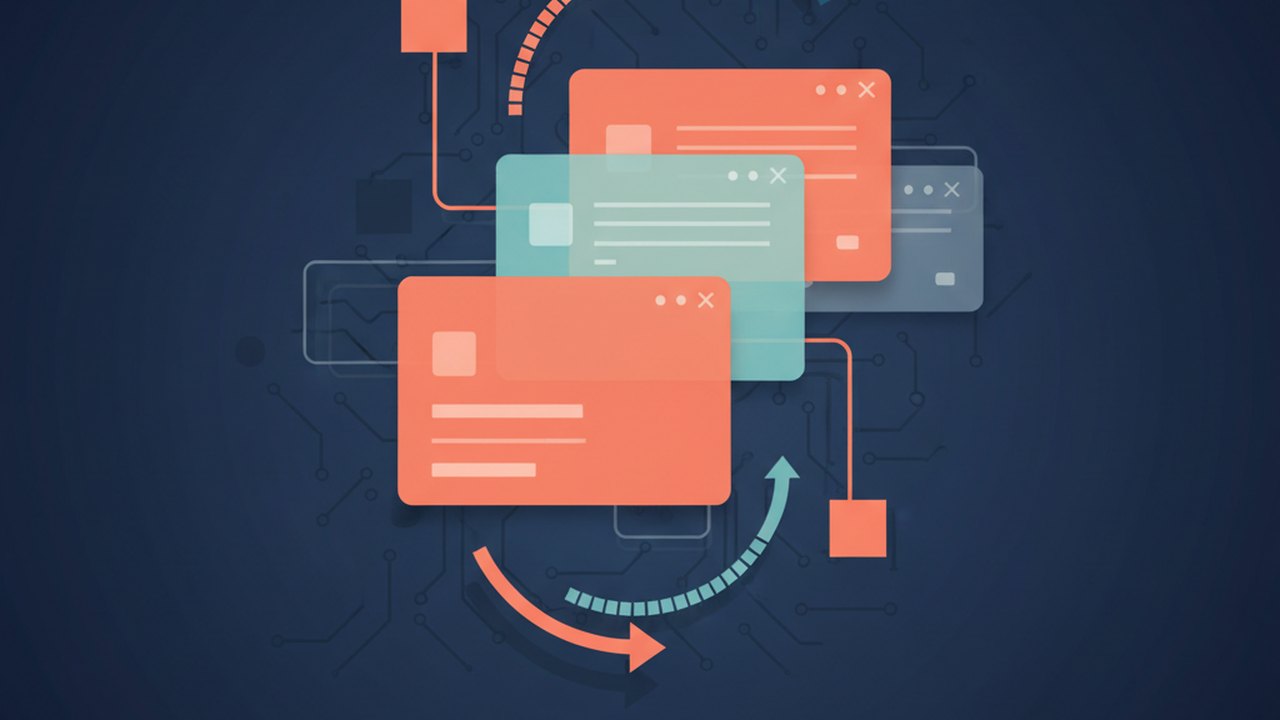 Abstract deep navy and coral cover illustration for the Reading List with Progress project (2023), showing layered UI panels connected by data-flow arrows.