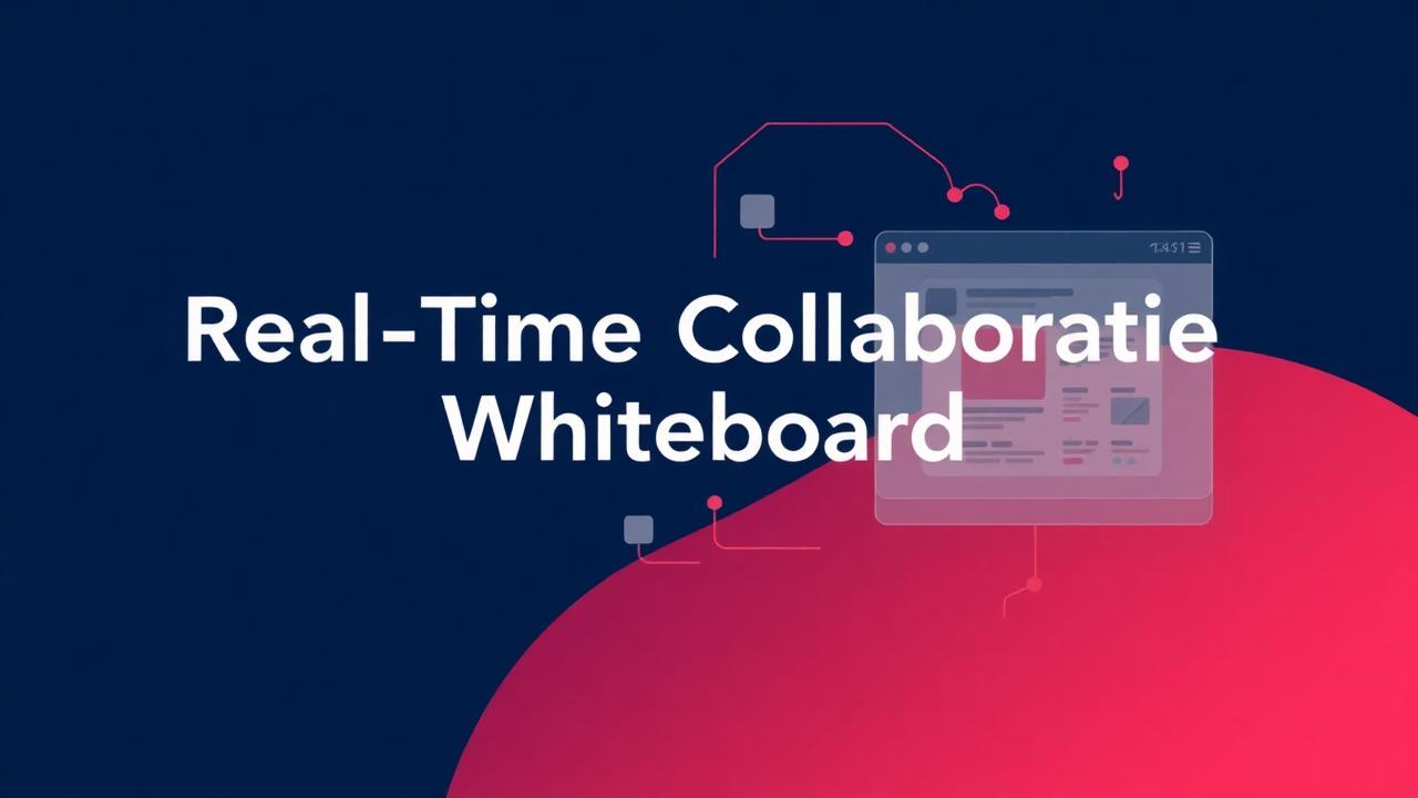 Abstract deep navy and coral cover illustration for the Real-Time Collaborative Whiteboard project (2019), showing layered UI panels connected by data-flow arrows.