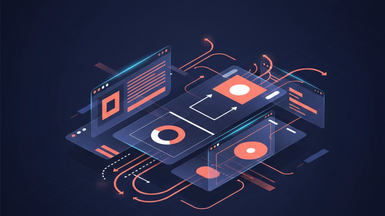 Abstract deep navy and coral cover illustration for the Real-Time Collaborative Whiteboard project (2019), showing layered UI panels connected by data-flow arrows.