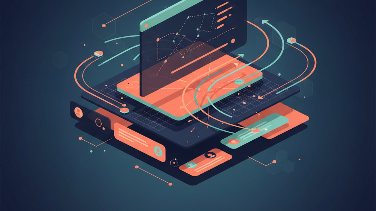 Abstract deep navy and coral cover illustration for the Real-Time Collaborative Whiteboard project (2019), showing layered UI panels connected by data-flow arrows.