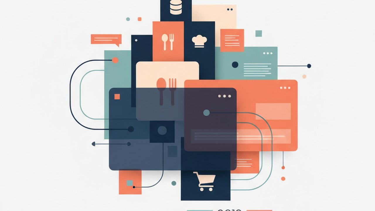 Abstract deep navy and coral cover illustration for the Recipe Manager & Meal Planner project (2019), showing layered UI panels connected by data-flow arrows.