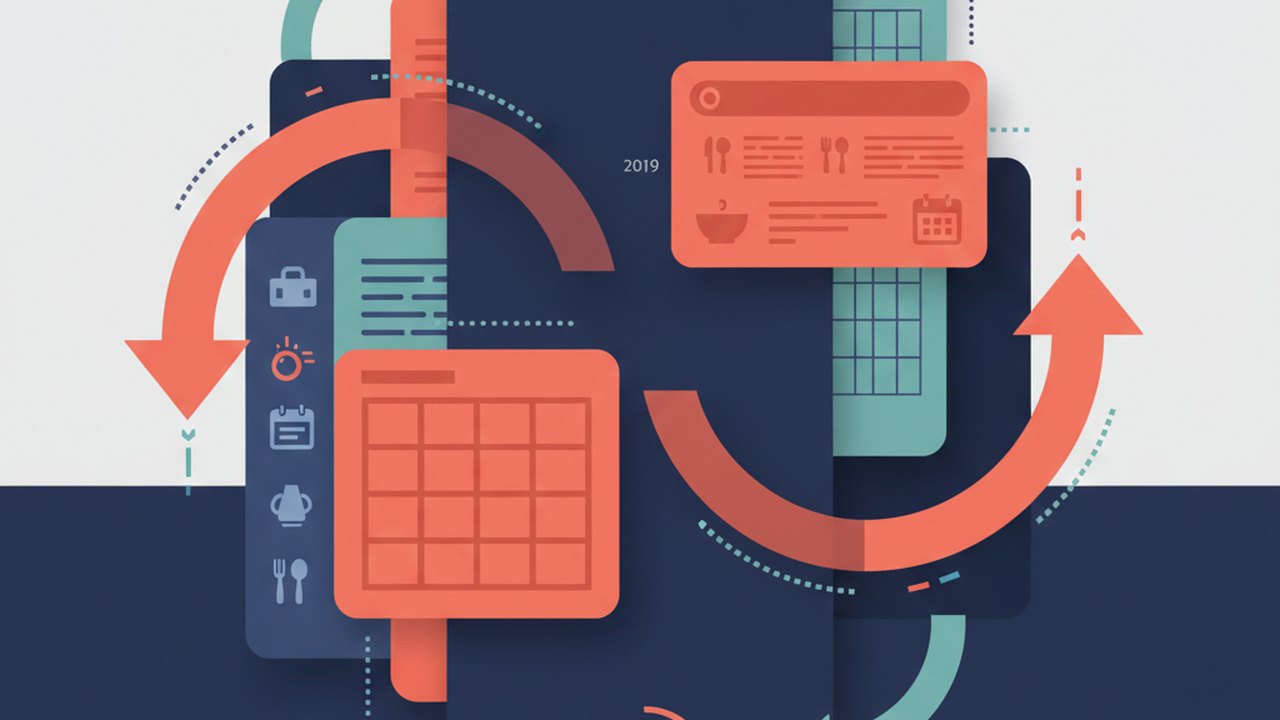 Abstract deep navy and coral cover illustration for the Recipe Manager & Meal Planner project (2019), showing layered UI panels connected by data-flow arrows.