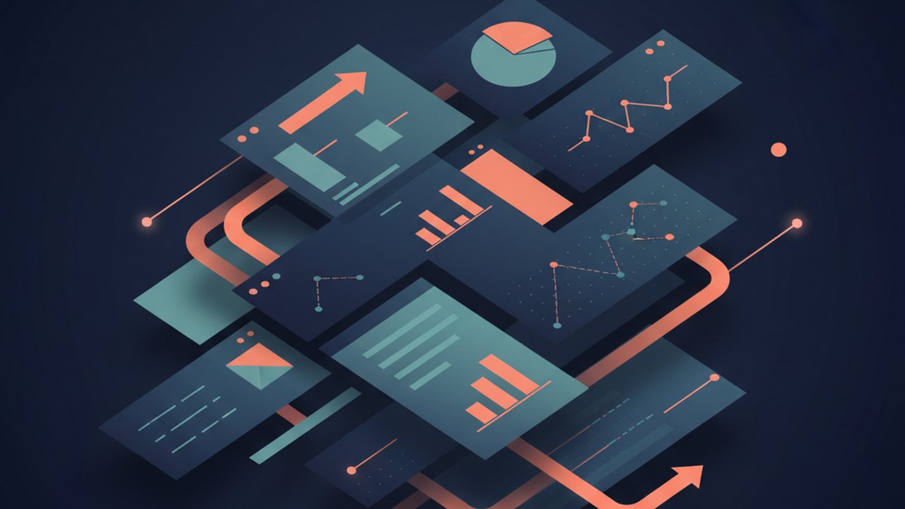 Abstract deep navy and coral cover illustration for the Small Business CRM project (2023), showing layered UI panels connected by data-flow arrows.