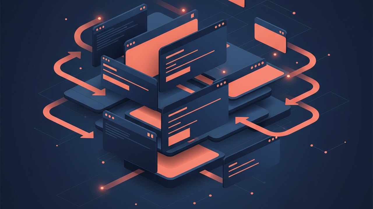 Abstract deep navy and coral cover illustration for the Small Business CRM project (2023), showing layered UI panels connected by data-flow arrows.