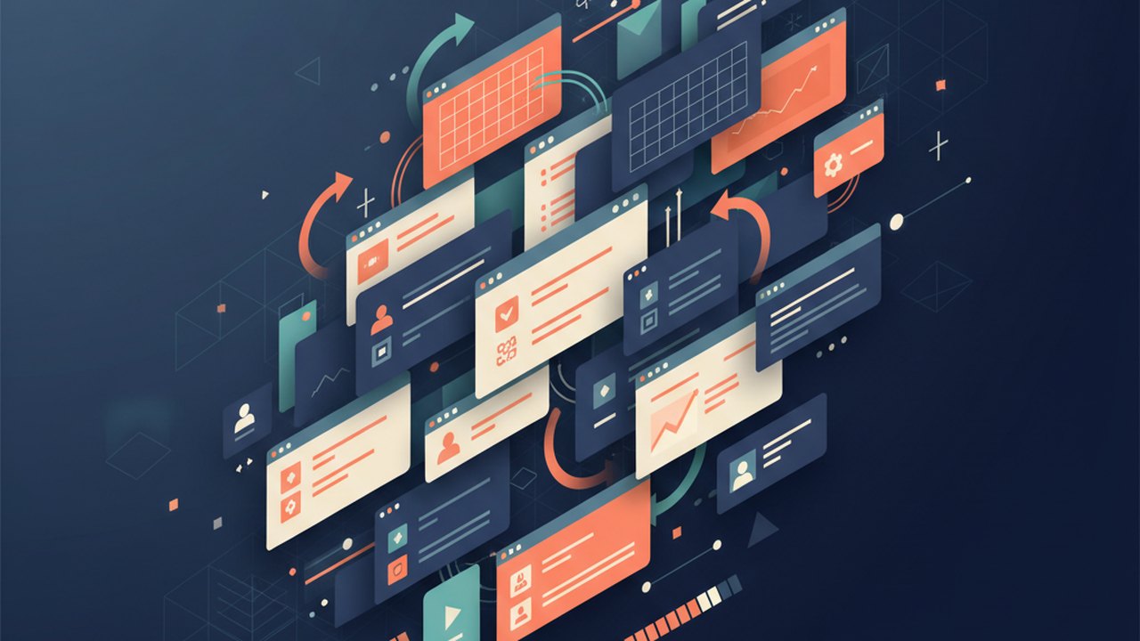 Abstract deep navy and coral cover illustration for the Team Wiki Platform project (2023), showing layered UI panels connected by data-flow arrows.