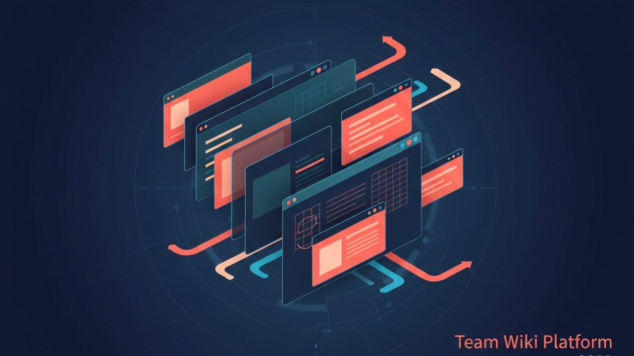 Abstract deep navy and coral cover illustration for the Team Wiki Platform project (2023), showing layered UI panels connected by data-flow arrows.