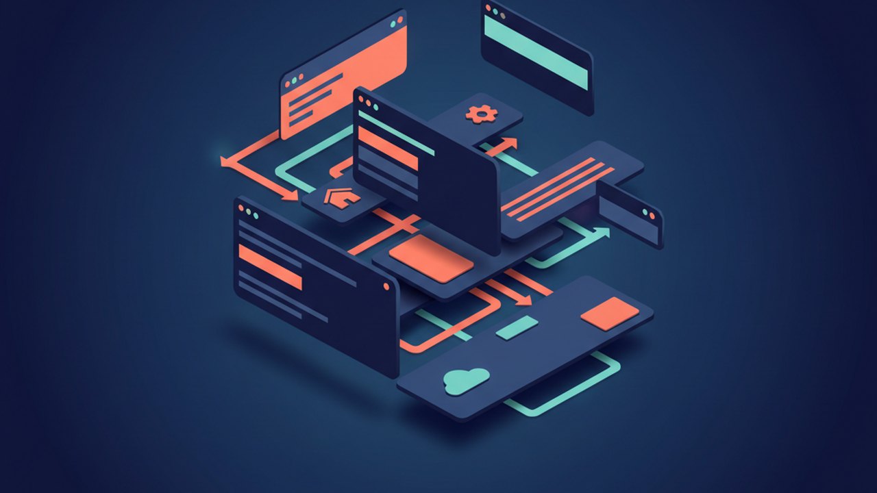 Abstract deep navy and coral cover illustration for the Tenant Property Portal project (2021), showing layered UI panels connected by data-flow arrows.