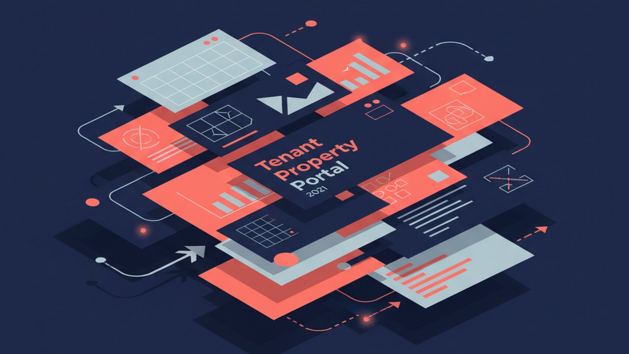 Abstract deep navy and coral cover illustration for the Tenant Property Portal project (2021), showing layered UI panels connected by data-flow arrows.