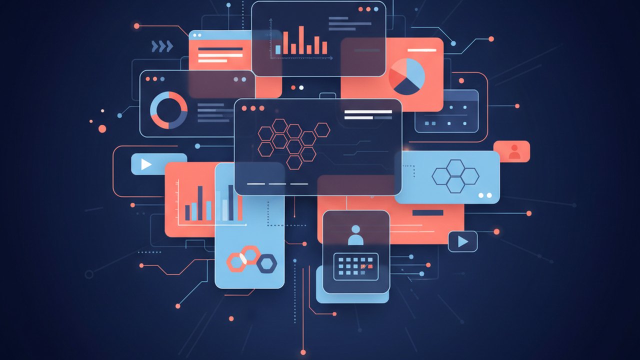Abstract deep navy and coral cover illustration for the Volunteer Coordination Tool project (2023), showing layered UI panels connected by data-flow arrows.